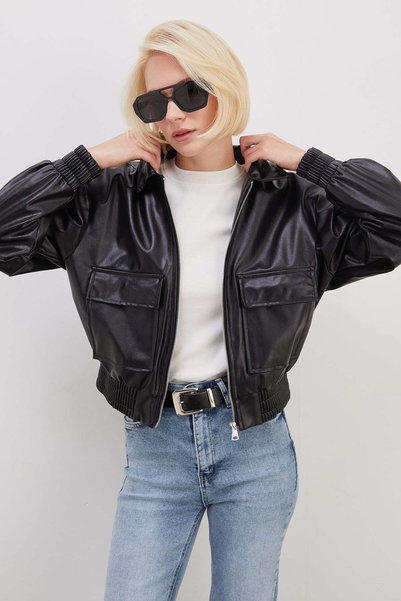Double Pocket Polo Collar Faux Leather Bomber Jacket
