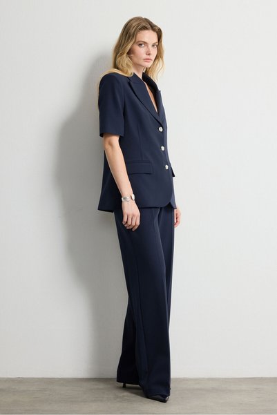 Navy Blue Gabardine Wide Leg Trousers with Pockets