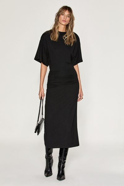 Novaire Women's Padded Waist Gathered Long Black Dress