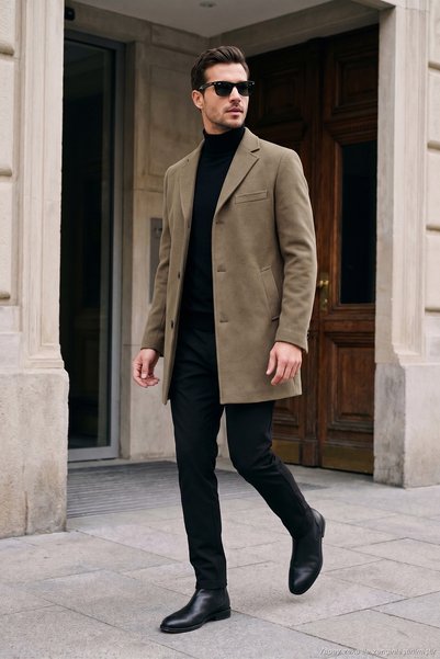 Normal Fit Single Slit Buttoned Mono Collar Cashmere Coat Men's Coat 584002000