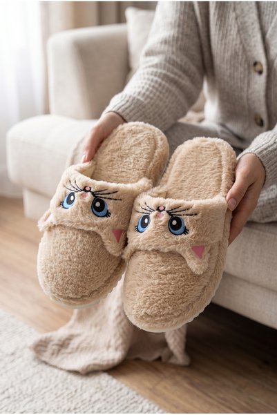 Women's Mink Cute Cat Figured Embroidered Plush House Slippers