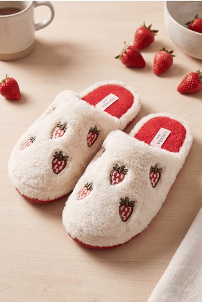 Women's White Strawberry Patterned Plush House Slippers