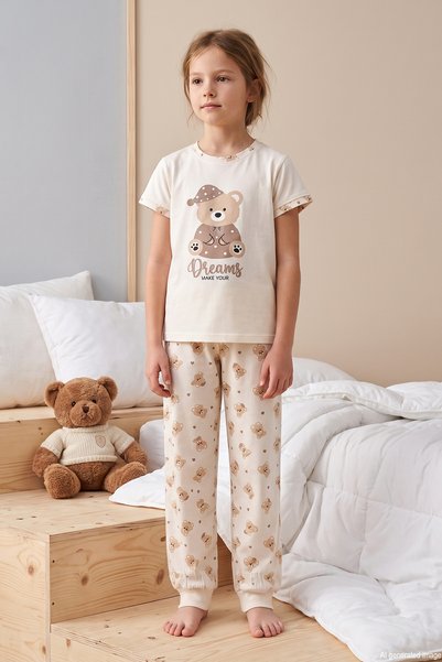 Girls' Short Sleeve Printed Cotton Pajama Set 6510 Cream01