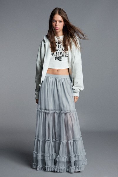 Ruffled Tulle Long Skirt