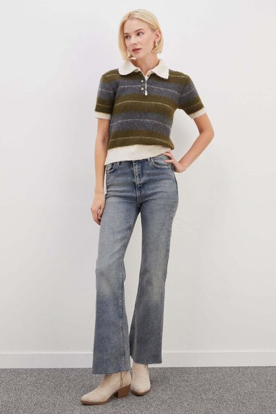 Zippered Cut-Leg Flare Jeans
