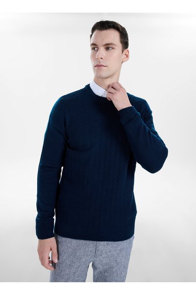 Navy Blue Men's Crew Neck Jacquard Sweater Ace045271187