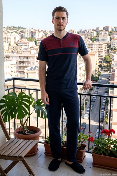 Men's Short Sleeve Combed Cotton Pajama Set 3020 Navy Blue