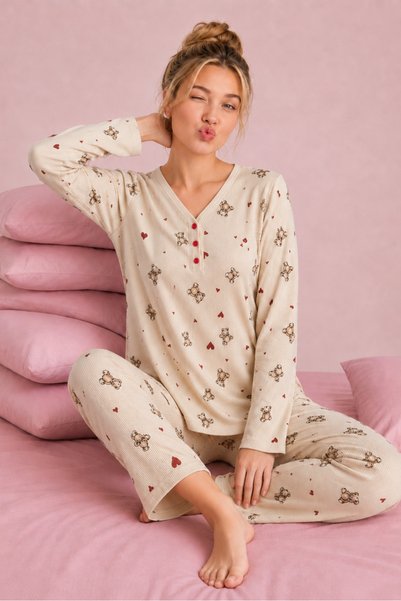 Waffle Knitted Long Sleeve V-Neck Women's Pajama Set