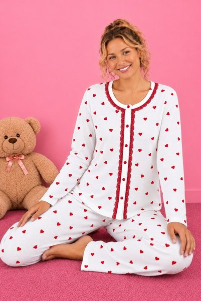 Waffle Knitted Long Sleeve Round Neck Lace Detailed Buttoned Women's Pajama Set
