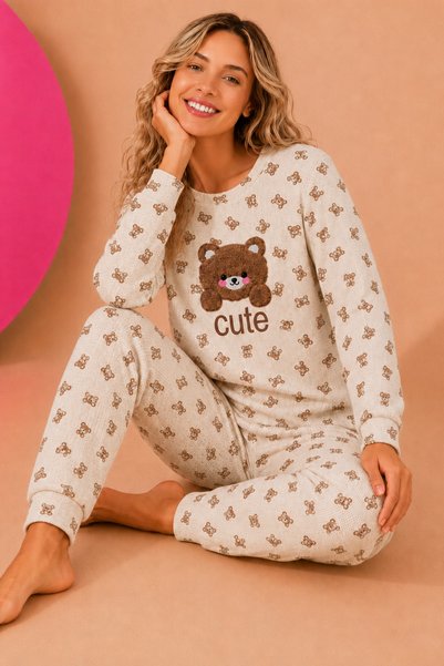 Waffle Knitted Long Sleeve Round Neck Cuff Detailed Embroidered Women's Pajama Set