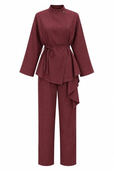Tile Flounce Thin Belted Kimono Set - 8739