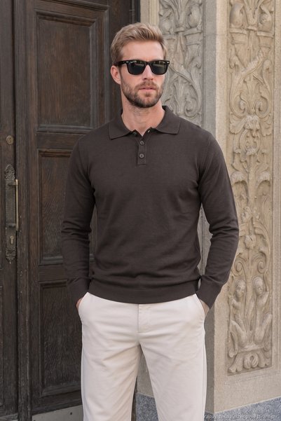 Cotton Regular Fit Buttoned Long Sleeve Polo Men's Polo 7024733