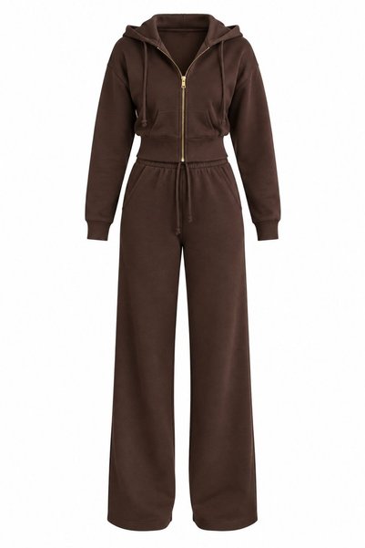 Brown Hooded Zippered Basic Ribbed Set - 2Y51232