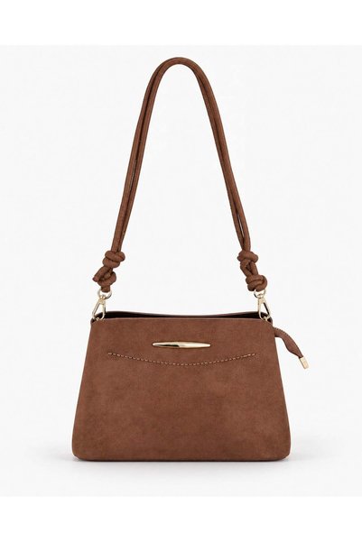 Tan Suede Women's Knot Detailed Strap Daily Shoulder Bag Stylish Bag with Metal Accessories