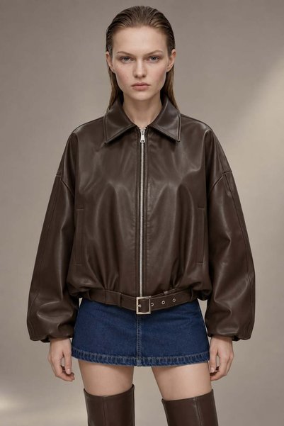 Кожна јакна со патент, каиш и oversize крој