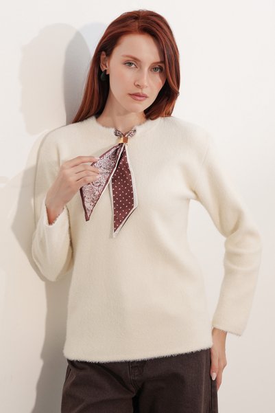 Women's Oversize Sweater with Scarf Detail 15971 - Cream