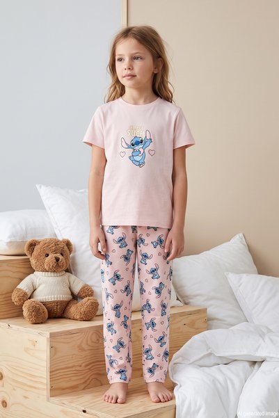 Girl's Short Sleeve Printed Combed Cotton Pajama Set 6572 Powder