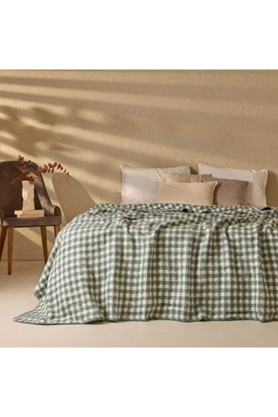 Soft Aspen Cotton Double Blanket - Ecru / Green - 200X220 cm