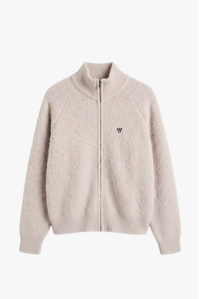 Beige Mini Brooch Zippered Cardigan