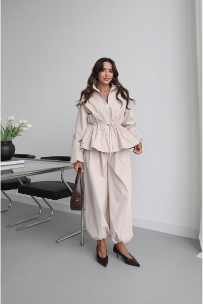Stone Color Drawstring Waist Shalwar Trousers Jacket Set