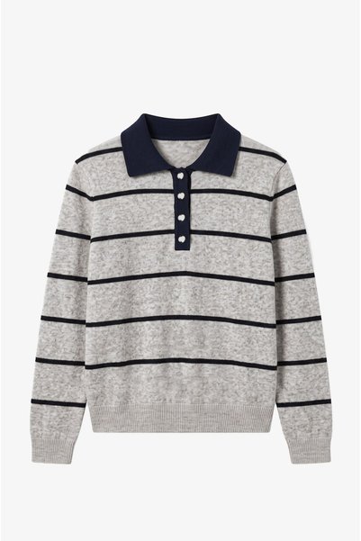 Beige Striped Sweater with Heart Buttons on the Collar
