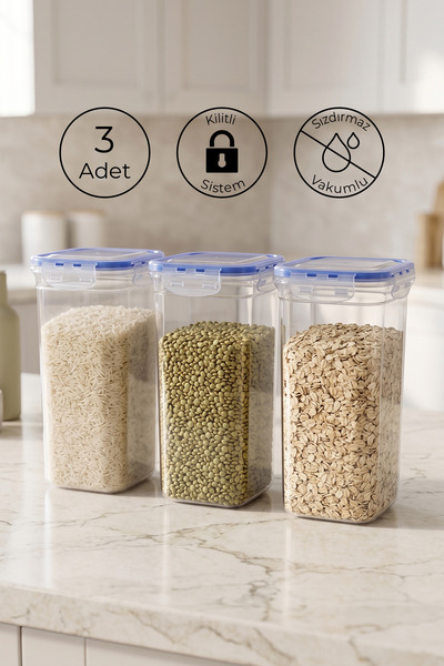 Set of 3 Square Vacuum Storage Containers with Labels, 1500 ml Food Container with Lockable Lid