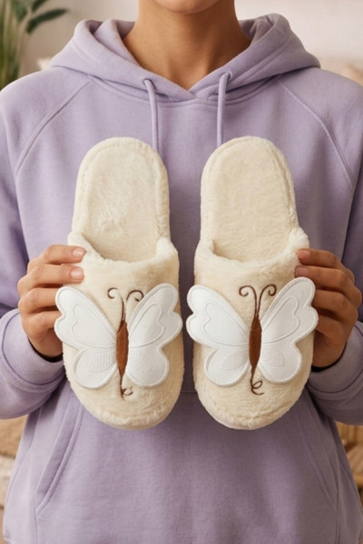 Women's Ecru Large Butterfly Motif Leather Wing Detailed Furry House Slippers 3 cm Byndmtfkelebekbuyuk
