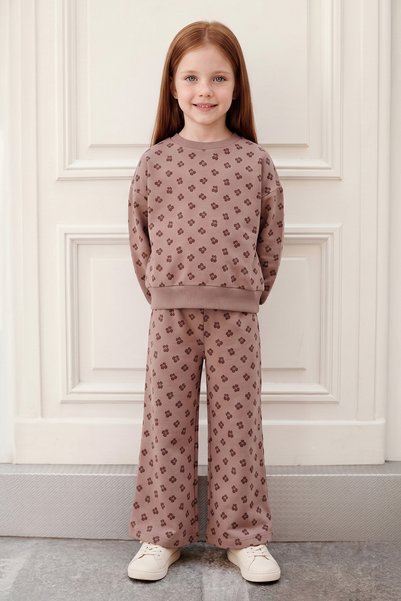 Cherry Printed Crew Neck Girls' 2-Piece Set