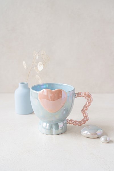 Heart Beaded Handle Pearlescent Porcelain Mug 320 ml