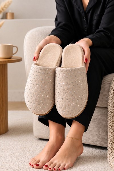 Women's Winter Slippers - Stone Detailed Dowry Bundle Guest House Slippers