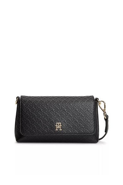 Women's Embossed Logo Patterned Black Shoulder Bag with Magnetic Closure and Detachable Cross Strap