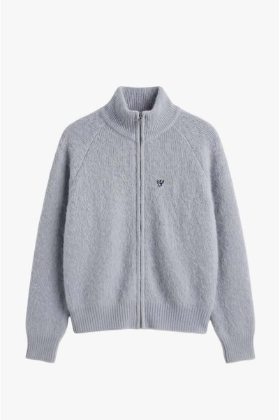 Gray Mini Brooch Zippered Cardigan