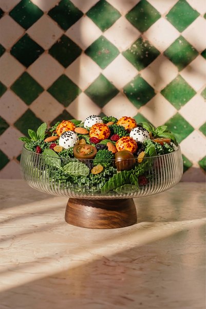 Akasya Glass Striped Salad Fruit Decorative Presentation Bowl with Stand