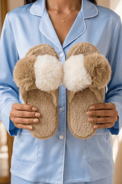 Women's Mink Open-Front Plush Winter House Slippers with Double Pompom Detail 3 cm Byndpwrpon02