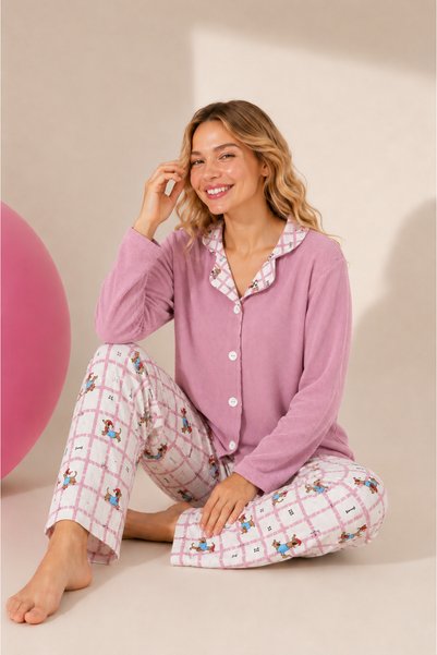 Waffle Knitted Long Sleeve Buttoned Women's Pajama Set