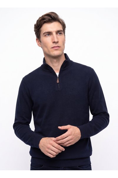 Navy Blue Men's Zippered Basic Embroidered Sweatshirt M6Wm-Swt1591