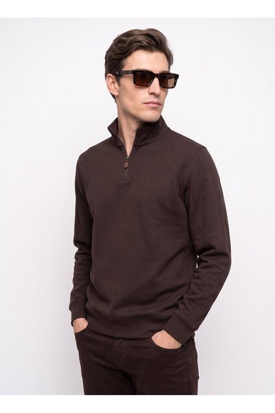 Brown Men's Zippered Basic Embroidered Sweatshirt M6Wm-Swt1591