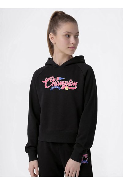 Црна дуксерка со принт за девојчиња 405218-Hooded Sweatshirt