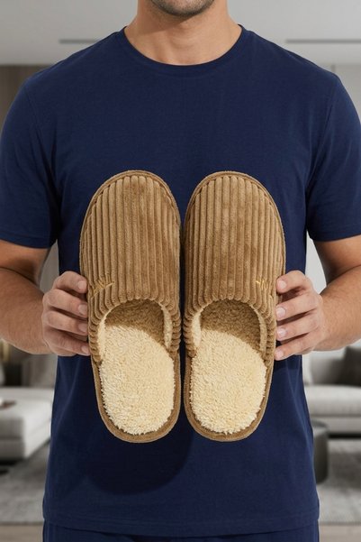 Men's Camel Thick Corduroy Winter House Slippers 3 cm Byndtnh01