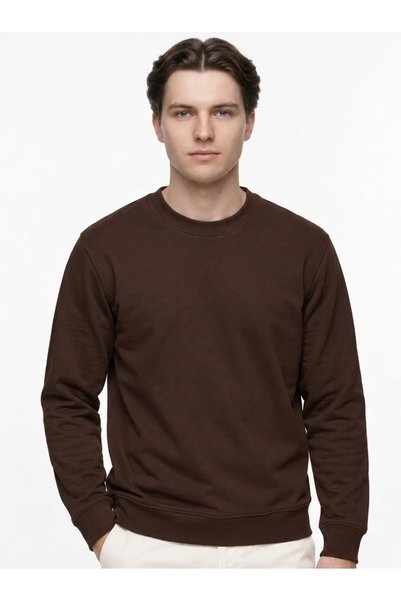 Men's Standard Fit Regular Cut 2 Thread Crew Neck Sweatshirt Brown