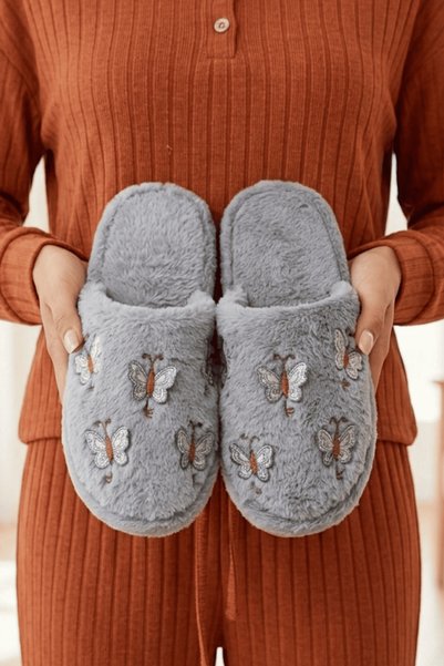 Women's Gray Small Butterflies Furry House Slippers 3 cm Byndmtfkelebekkucuk