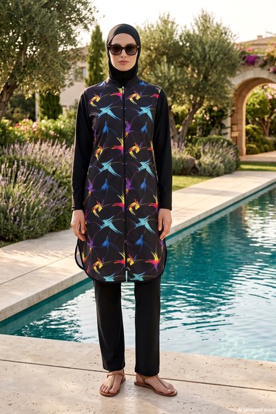 Body Covered Parachute Fabric Patterned Lycra Full Covered Hijab Swimsuit 1520 Colorful-Black