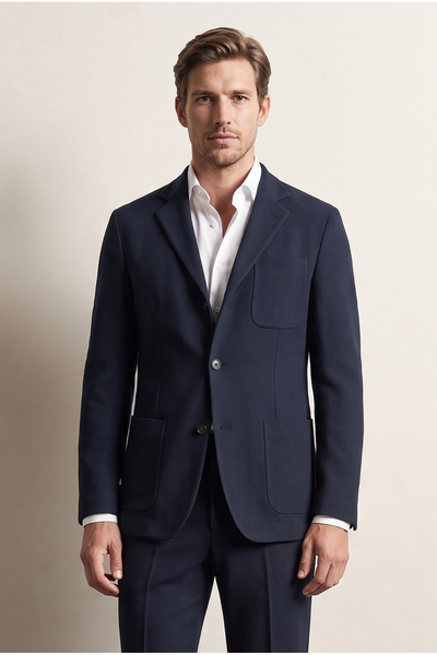 Ds Damat Comfort Navy Blue Gofre Patterned Suit