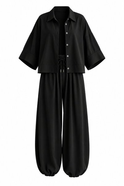 Black Snap Detailed Elastic Cuffed Poncho Set - 4181