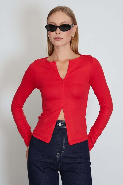 Double Zipper Crew Neck Slim Fit Blouse