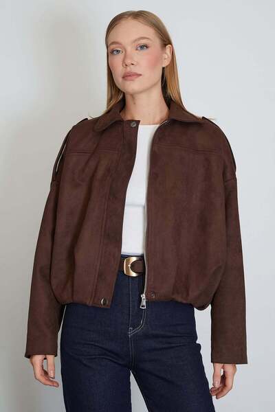 Zippered Polo Neck Suede Bomber Jacket