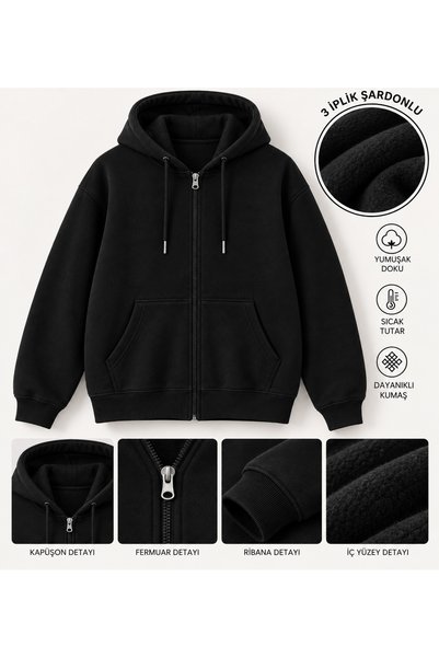 Men's Black Three-Thread Zippered Hooded Cardigan – Oversize Sweatshirt with Kangaroo Pockets
