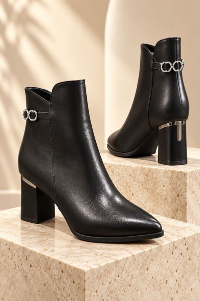 Aurelis Pointed Toe Stone Chain Detailed Zippered Thick Heeled Women's Boots