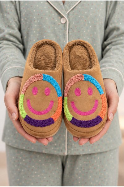 Women'S, Velvet, Smiling Face Figured, Wool Inside, Silent Sole House Slippers