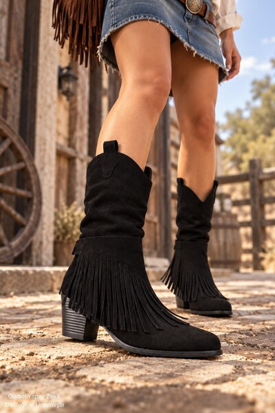 Fluxy Tasseled Metal Detailed Pointed Toe Thick Heeled Women's Cowboy Boots